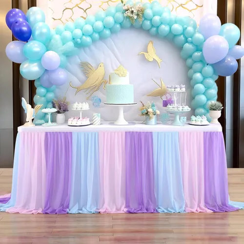 Miniatura 5 de Falda de mesa de tul de sirena azul rosa púrpura con rayas para mesas rectangulares Frozen Baby Shower Fiestas de cumpleaños de sirena Decoración 6