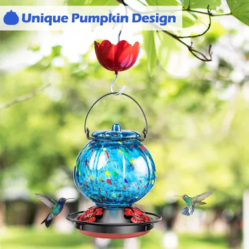 Miniatura 4 de Comedero para colibríes para exteriores – Comedero para pájaros de vidrio azul soplado a mano, a prueba de fugas, fácil de llenar y limpiar, 25