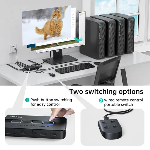 Miniatura 4 de MT-VIKI Conmutador KVM HDMI 4 Puertos Cajas, Consola KVM HDMI USB 4K a 30Hz para 4 PCs Comparte 1 Monitor HD y Teclado Ratón, Botón + Conmutación