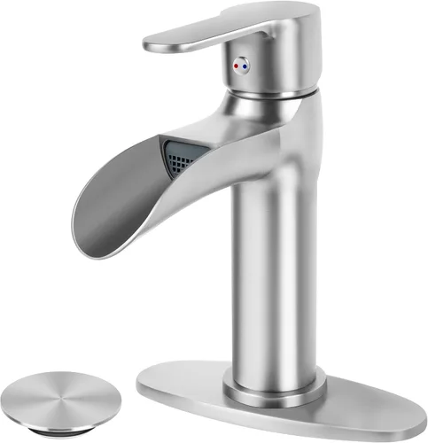 Miniatura 18 de SOKA Grifo dorado para lavabo de baño con cascada, grifo de lavabo de un solo orificio con drenaje emergente, grifo moderno para fregadero de tocador
