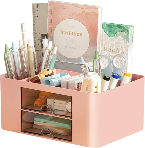 Miniatura 15 de Marbrasse Organizador de bolígrafos con 2 cajones, portaplumas multifuncional para escritorio, organizadores de escritorio y accesorios con 5