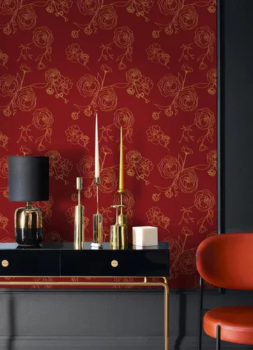 Miniatura 4 de Safiyya Papel tapiz de despegar y pegar de 393" x 17.3", papel de contacto rojo y dorado, papel tapiz floral autoadhesivo removible para cobertura