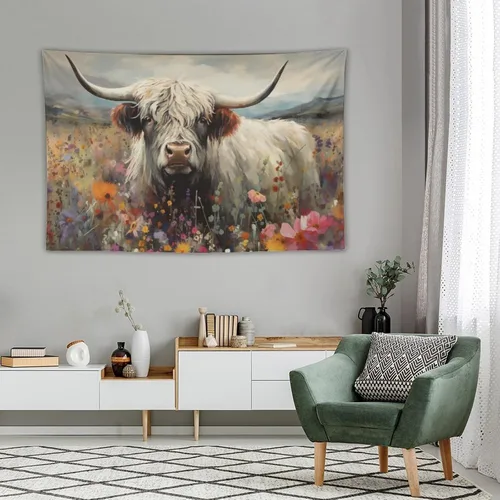 Miniatura 4 de FeoYoed Tapiz de vaca de las montañas para colgar en la pared, estético, lindo y divertido animal, decoración floral, dormitorio, sala de estar