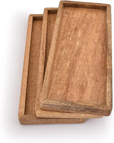 Miniatura 3 de Samhita Plato de madera de mango con borde elevado, juego de 3 para exhibir aperitivos de frutas, aperitivos, sushi, alimentos decorativos