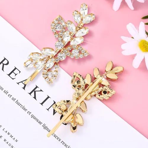 Miniatura 3 de Waydress 4 pinzas para el pelo con diamantes de imitación para boda, pasador de pelo de novia, diseño de hojas decorativas, accesorios de horquilla