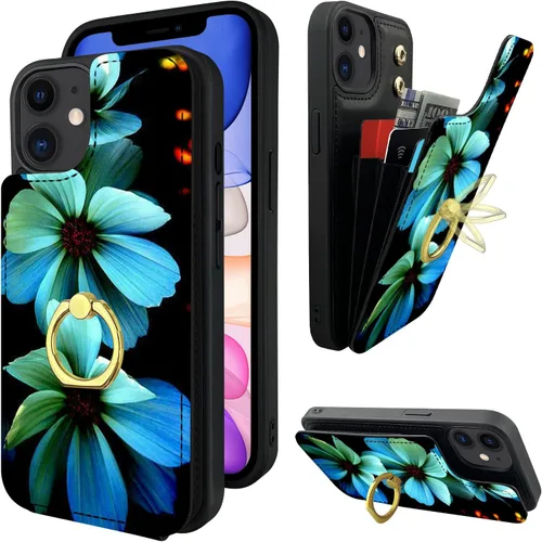 Miniatura 8 de Funda compatible con iPhone 11 con tarjetero y soporte para tarjetas, soporte de anillo de dedo de rotación de 360º, función atril, protección RFID