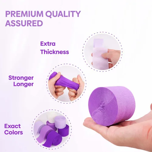 Miniatura 4 de 8 rollos de serpentinas moradas, paquete de 656 pies de papel crepé morado con blanco para decoraciones de fiestas, decoraciones de cumpleaños