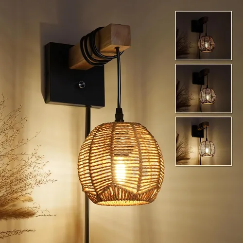 Miniatura 12 de N12-3 Aplique de pared de ratán bohemio de dos luces, accesorios de tocador para espejo, pantalla tejida en cruz y lámpara de pared cableada