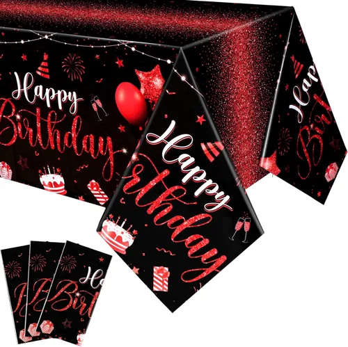 Miniatura 19 de Tudomro 3 piezas de manteles de feliz cumpleaños, manteles de plástico para decoración de fiesta de cumpleaños, paños rectangulares para baby Negro