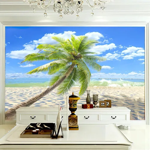 Miniatura 3 de Papel tapiz fotográfico 3D de árbol de coco de playa, papel tapiz con vista al mar, decoración de pared para sala de estar, dormitorio, fondo