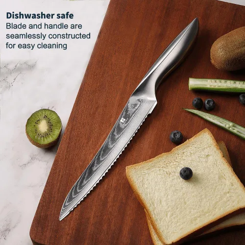 Miniatura 5 de Cuchillo de Pan de Acero Damasco 9C: Un Cuchillo Dentado de Borde Ondulado Ancho con una Hoja de Acero Inoxidable Mejorada Súper Afilada de 8
