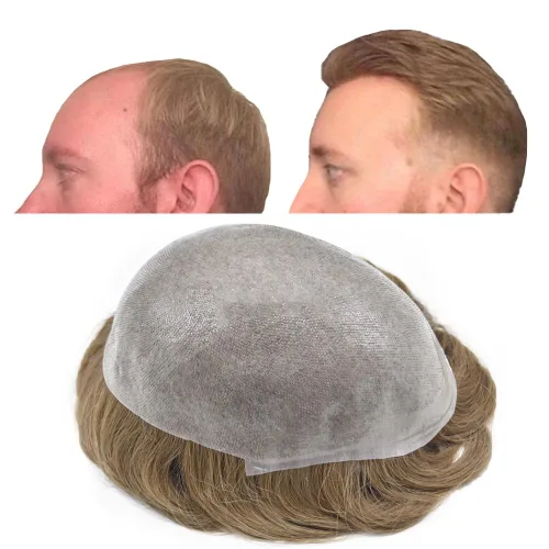 Miniatura 35 de Tupé de piel ultra fina para hombres pieza de cabello humano real sistema de reemplazo 0.002 in Mens Toupee Hairpiece para hombres V-Loop 8x10 80%