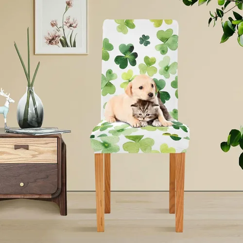 Miniatura 5 de Juego de 2 fundas elásticas para sillas de comedor con trébol del día de San Patricio, fundas protectoras extraíbles y lavables para comedor
