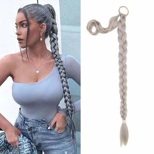 Miniatura 15 de Extensión de cola de caballo de trenza larga con lazo elástico, 1 unidad, extensiones de cabello sintético lacio y elegante envolvente para mujer