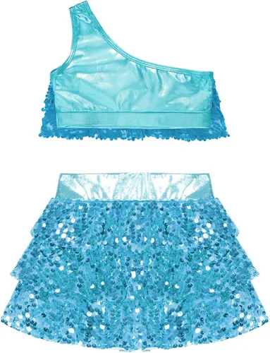 Miniatura 92 de JEATHA Top corto con borlas y lentejuelas brillantes para niñas, con minifalda, jazz latino, salsa, samba, rumba, baile