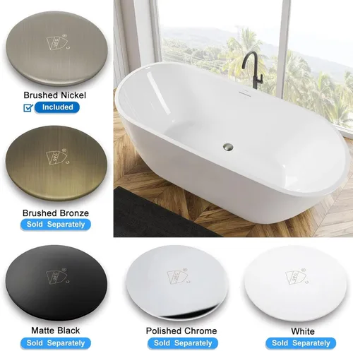 Miniatura 5 de FerdY Bali - Bañera independiente de acrílico de 59 pulgadas, elegante bañera independiente para remojo con drenaje de níquel cepillado