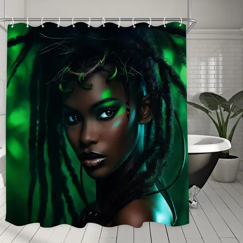 Miniatura 6 de Cortina de ducha para niñas afroamericanas para baño, juego de cortina de ducha bohemia con hojas verdes, tela de selva, decoración de baño moderna
