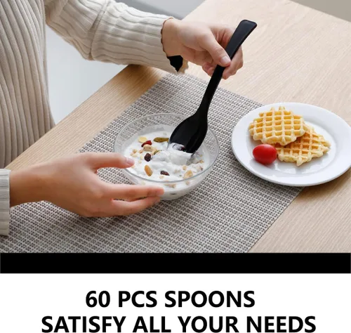 Miniatura 4 de Paquete de 60 cucharas de plástico negro para servir, juego a granel de 9 pulgadas, cubiertos desechables resistentes, utensilios resistentes al