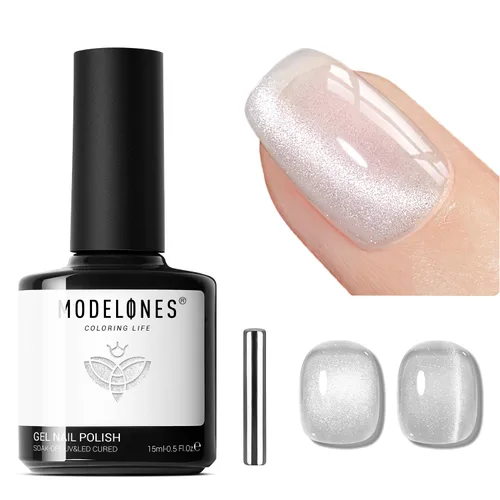 Miniatura 13 de Modelones Esmalte de uñas de gel ojo de gato arco iris con lentejuelas plateadas holográficas, esmalte de uñas de gel 9D con barra magnética, apto