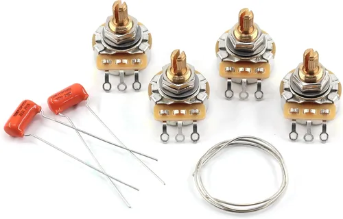 Potenciómetros CTS 525k personalizados: eje dividido corto (4x) con condensadores de caída naranja 0.022uf (2x) + cable bus de 14 pulgadas