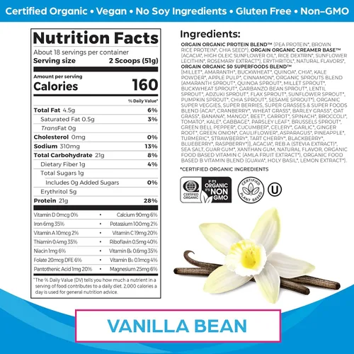 Miniatura 3 de Orgain Proteína orgánica vegana y orgánica + superalimentos en polvo, sabores de vainilla, proteína a base de plantas, sin gluten