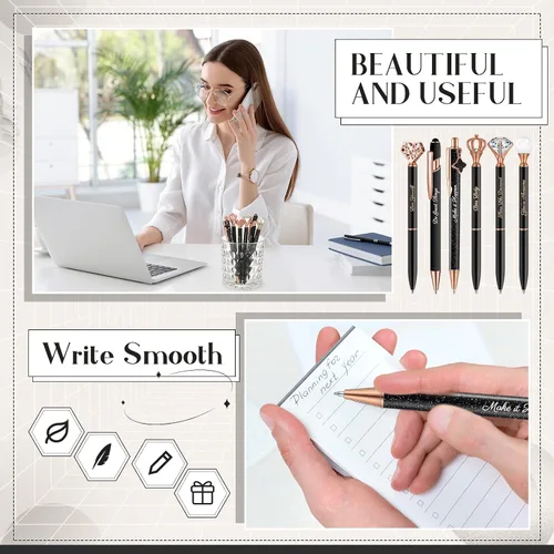 Miniatura 5 de Qeeenar 6 bolígrafos elegantes para mujer, bolígrafo de diamantes de cristal para diario, bonito bolígrafo con purpurina con caja, regalos Negro