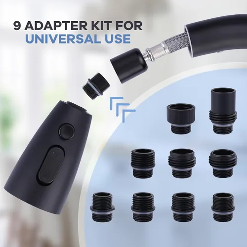 Miniatura 5 de WOWOW Cabezal de repuesto para grifo de cocina, color negro mate, boquilla de pulverización extraíble de 3 funciones con 9 adaptadores para grifo