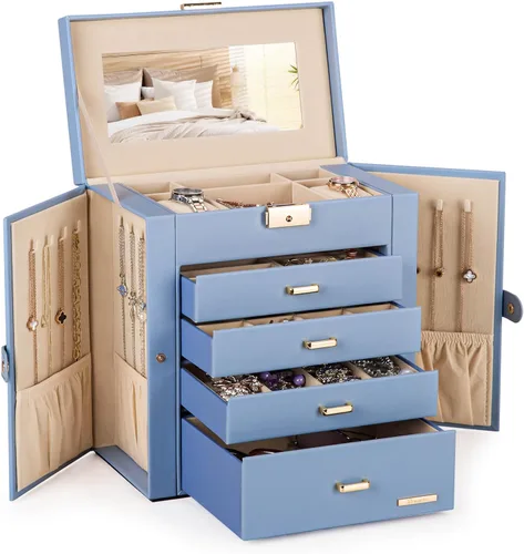 Miniatura 37 de Homde Regalos de Navidad de cuero sintético, enorme joyero, organizador de reloj con espejo, collar, anillo y aretes, estuche de regalo con Dorado