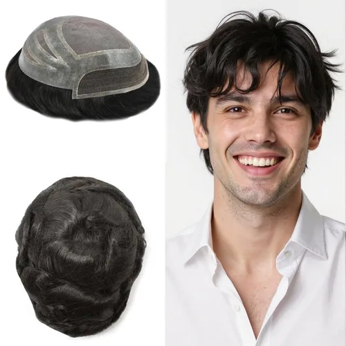 Sistema de repuesto de piezas de cabello humano tipo tupé para hombre, transpirable, encaje francés, peluca para hombre, peluca de piel de #1B Negro