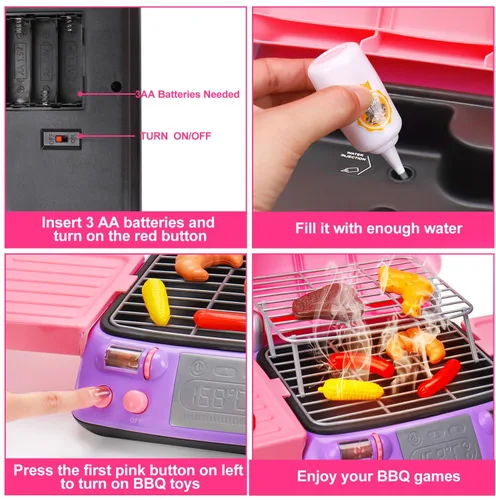 Miniatura 3 de Juego de barbacoa para niños, juego de cocina con luz de sonido de humo de simulación, para niñas pequeñas, color rosa, para niños de 3 a 5 años, 4
