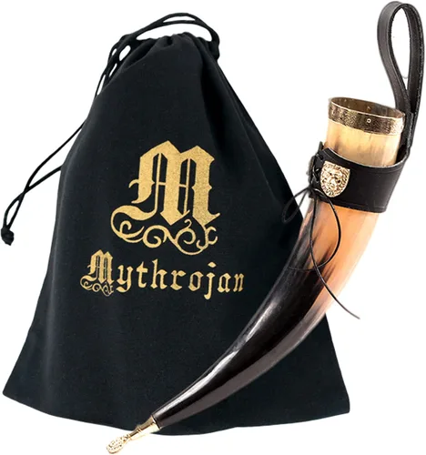 Miniatura 9 de Mythrojan Cuerno vikingo para beber 100% natural, auténtico, decoración de latón, cuerno nórdico con funda de cuero negro, bolsa de lona para vino