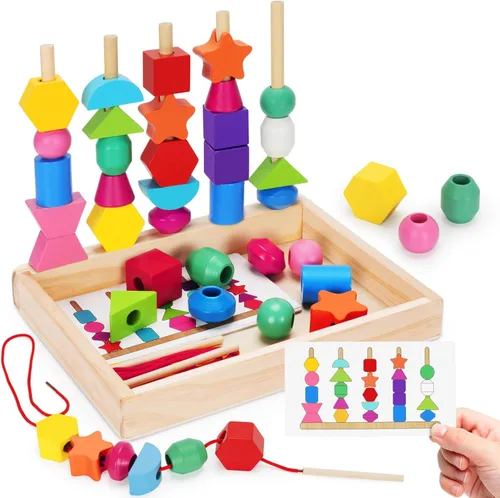 TooyBing Montessori - Juguetes de madera con cordones para niños pequeños de 3 a 4 años, juguete de bloques de secuenciación y apilamiento con caja