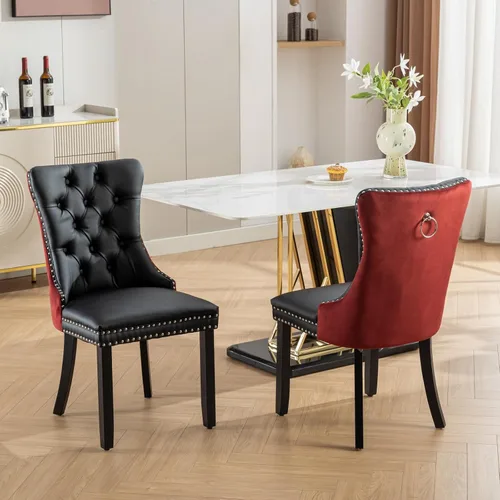 Miniatura 19 de Juego de 2 sillas de comedor de terciopelo, sillas decorativas tapizadas con botón acolchonado, ribete de cabeza de clavo y tirador de anillo Naranja