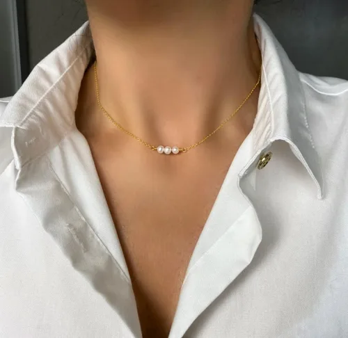 Miniatura 8 de BERISO Delicados collares de perlas para mujer, plata brillante, chapada en oro de 14 quilates, gargantilla de perlas con clip, cadena de caja