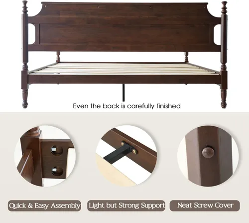 Miniatura 10 de Base de cama de plataforma de madera maciza tamaño King con cabecera y estribo, base de 12 listones fuertes, patas de metal, no necesita somier