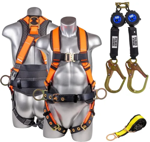 Miniatura 11 de Palmer Safety Twin 6' KIT I Arnés de martillo de 5 puntos, línea de vida autorretráctil doble, correa de brazo cruzado de 4' I Kit de arresto de Azul