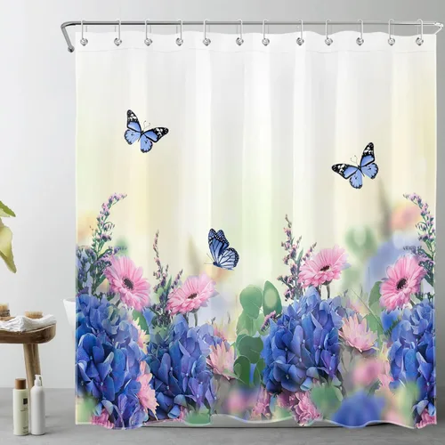 Miniatura 31 de LB Juego de cortinas de ducha de mariposa y flores con alfombras, margaritas y morado lavanda, hojas de eucalipto, cortina de ducha verde
