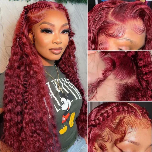 Miniatura 13 de ZGWG Pelucas de cabello humano con encaje frontal de color rojo, densidad del 180%, 13x6, 99J, pelucas de cabello humano virgen brasileño 12A