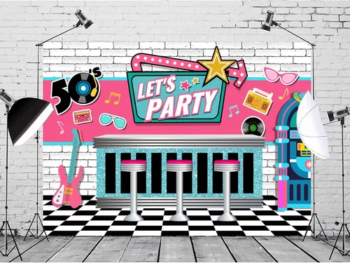 Miniatura 3 de SVBright Fondo de fiesta Let's Party de los años 50, 7 pulgadas de ancho x 5 de alto, tienda rural de soda vintage, blanco, negro, a cuadros, rosa