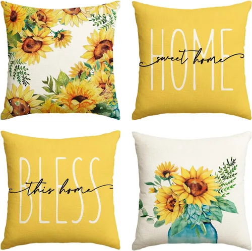 AVOIN colorlife Home Sweet Home - Juego de 4 fundas de almohada amarillas de girasol, 16 x 16 pulgadas, decoraciones de temporada de verano