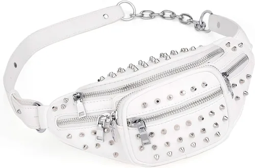 Miniatura 8 de UTO Fanny-Pack-for-Women's - Riñonera vegana de cuero con remaches tachuelas, ligera, con cremallera, bolsillo al hombro, 0879 Negro