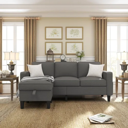 Miniatura 3 de ZeeFu Sofá para sala de estar – Sofá seccional en forma de L de lino beige de 78 pulgadas con otomana de almacenamiento – Moderno sofá tapizado