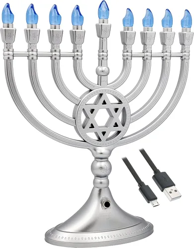 Miniatura 4 de The Dreidel Company Candelabro tradicional LED eléctrico de Hanukkah en oro - Tamaño grande de 13 pulgadas de alto operado con batería o USB - Dorado