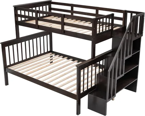 Miniatura 6 de Ball & Cast Litera individual sobre tamaño matrimonial con escalera de almacenamiento y barandillas de longitud completa, litera de madera