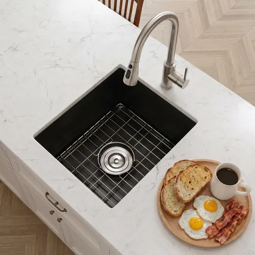 Miniatura 7 de Fregadero de barra negro de montaje inferior, fregadero pequeño de barra compuesto de 15 x 17 pulgadas, fregaderos de cocina y barra de granito