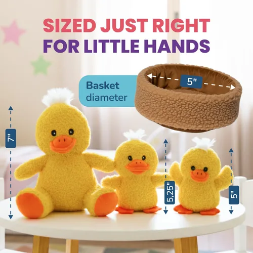 Miniatura 3 de Juego de juguetes de peluche de la familia de patos de tres piezas, con tres juguetes de peluche de pato amarillo con canasta, peluche suave de pato