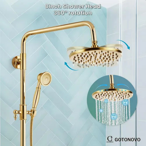 Miniatura 6 de gotonovo Juego de grifo de ducha expuesto de 8 pulgadas, cabezal de ducha de lluvia de 3 funciones con boquilla de bañera, 2 asas de cuerda, sistema