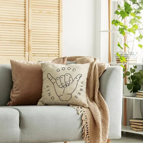 Miniatura 5 de Fahrendom Good Vibes Only Aloha Hand Gesture Hang Hand Symbol Motivacional Sign Cotton Linen Home Funda de cojín decorativa con palabras para sofá