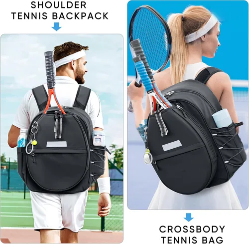Miniatura 2 de Mochila de Tenis con Soporte para 2 Raquetas, Bolsa de Raqueta de Tenis de Cuero PU Resistente al Agua para Mujeres y Hombres, Mochila Deportiva