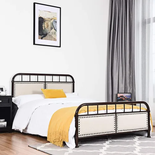 Miniatura 5 de Giantex Base de cama de metal, plataforma de cama de tamaño matrimonial con cómoda cabecera tapizada y estribo, soporte de listones antideslizantes